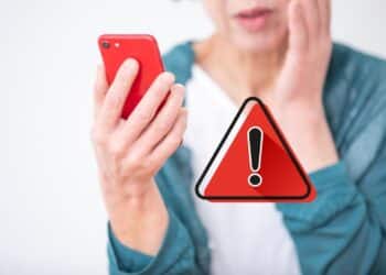Mulher preocupada olha o celular ao lado de ícone vermelho de aviso