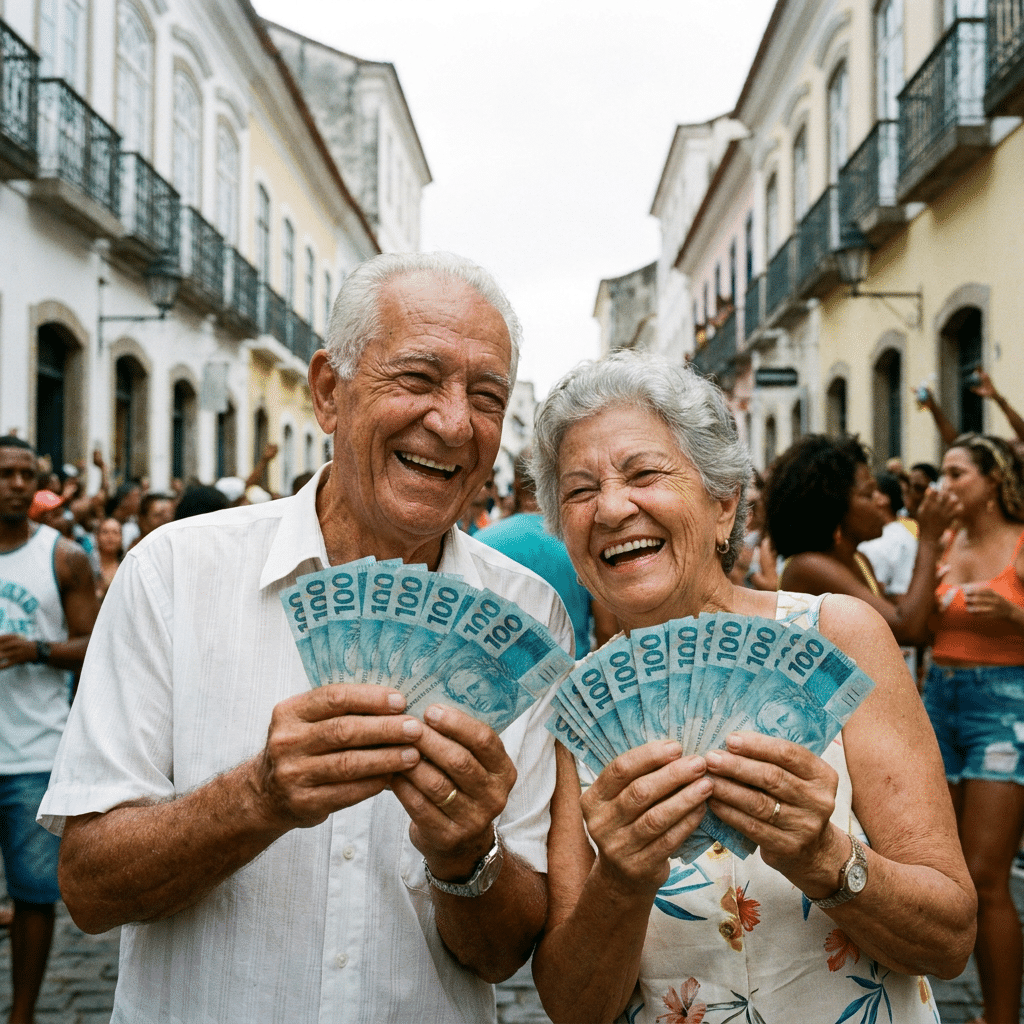INSS começa os pagamentos de junho para aposentados e pensionistas a partir de quarta, 24 2 Casal idoso sorri exibindo notas de R$ 100 em rua de arquitetura colonial com pessoas ao fundo