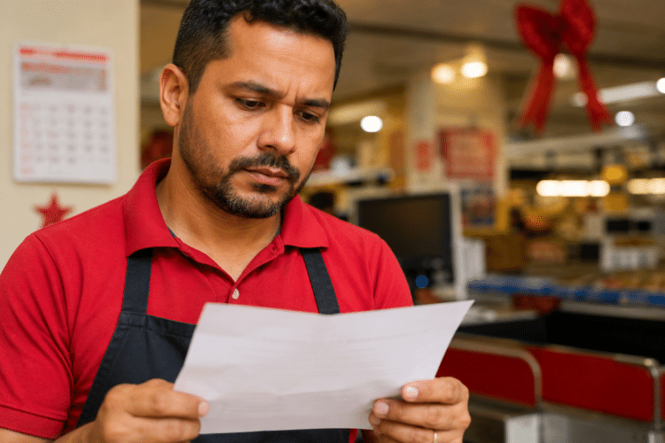 Comerciante de avental lê documento com expressão concentrada dentro de mercado