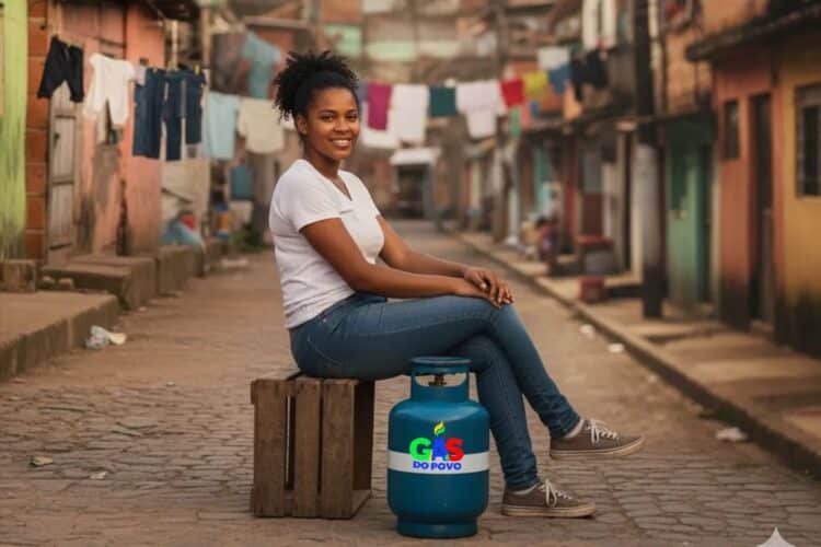 Mulher jovem de cabelo crespo sentada em caixa na rua, ao lado de botijão azul com logo gás do povo, favela ao fundo