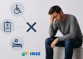Homem angustiado sentado ao lado de ícones de deficiência, laudo e internação barrados, com logo do INSS