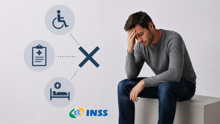Homem angustiado sentado ao lado de ícones de deficiência, laudo e internação barrados, com logo do INSS