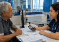 Idoso recebe atendimento de mulher usando calculadora em balcão com papéis e computador