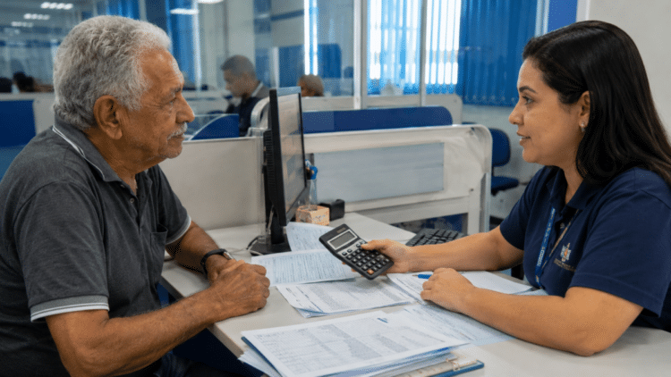 Idoso recebe atendimento de mulher usando calculadora em balcão com papéis e computador