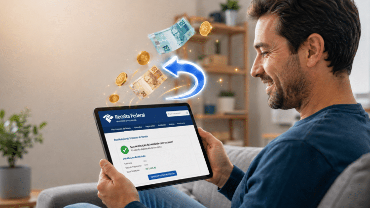 Homem sorridente segura tablet com tela da Receita Federal e notas de real voando em ambiente doméstico